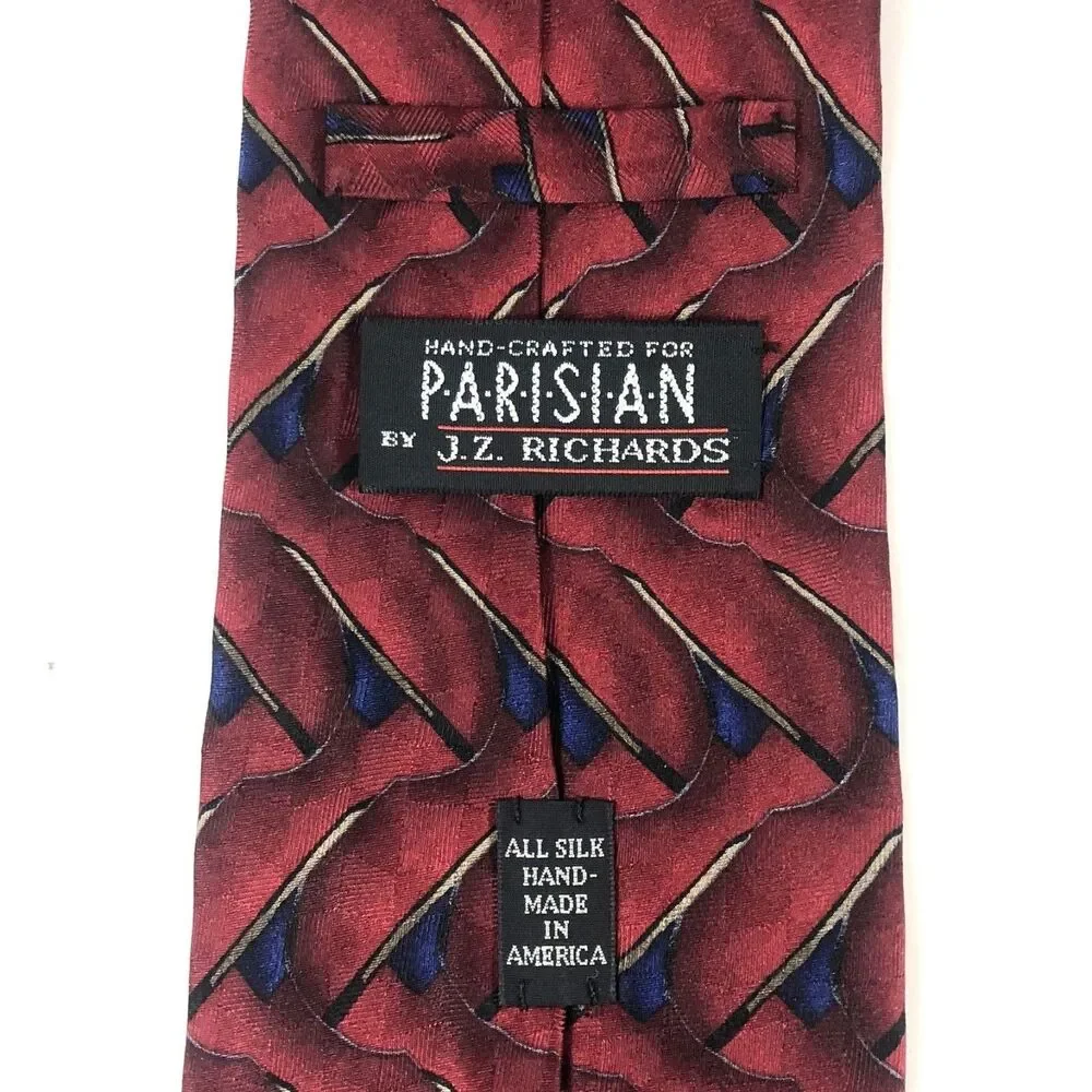 J.Z. Richards Parisian Silk Tie Geometric Foulard Hand Made USA Burgundy